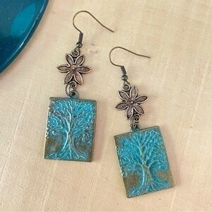 $10 SALE Handmade Antiqued Brass Metal Tree Of Life & Flower Statement Earrings